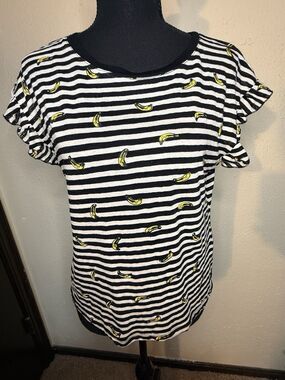 Lumiere Novelty Banana Print Striped Short Sleeve Top Women’s Medium Quirky Fun